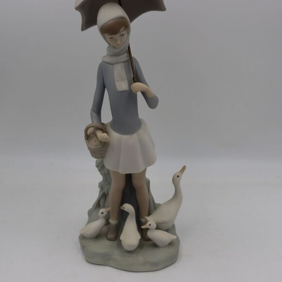 Lladro Vintage Girl With Geese Porcelain Figurine 12” Umbrella Spain Collectible - Picture 7 of 16